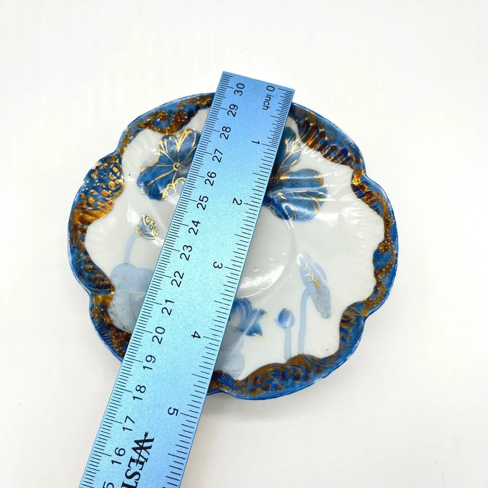 Vintage‎ Blue Floral Lotus Flower Dish Trinket Plate Decorative Gold Accent